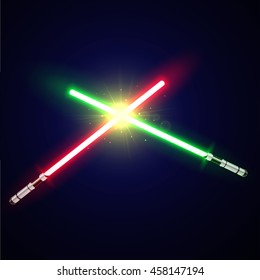 Green and red crossing lasers. Two crossed light swords. Futuristic light swords background. Design elements for your projects. Vector illustration.