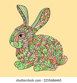 Green and red decorative Easter bunny. Coloring page. Zen-art drawing of a rabbit.