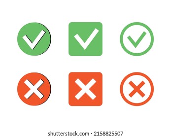 Green and red decorative elements, sign or symbol for agreement and for denial. Check mark and cross mark buttons. Set of vector illustrations isolated on white background.