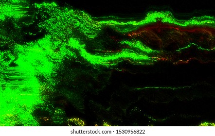 Green and red digital noise on a dark background. Failed to play old video. Abstract wallpaper distorted glitch texture. Vector illustration.