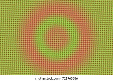 Green and red dotted halftone vector background. Autumn color palette halftone banner template. Vintage dotted pattern. Centered dotted gradient. Pop art surface design. Smooth halftone texture