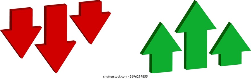 Gráfico de seta 3d verde para cima e vermelho para baixo mostrando crescente, tendência descendente, resultado de negócios, lucro ou símbolo de perda. Seta comercial, conceito de metas. Símbolos de dinheiro do mundo 3d. Vetor de crescimento financeiro