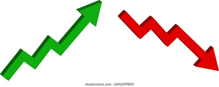 Gráfico de seta 3d verde para cima e vermelho para baixo mostrando crescente, tendência descendente, resultado de negócios, lucro ou símbolo de perda. Seta comercial, conceito de metas. Símbolos de dinheiro do mundo 3d. Vetor de crescimento financeiro