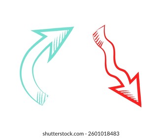Green and red up and down arrows doodle vector illustration. Set of two design elements success and failure concept