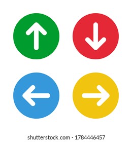 green up red down blue left yellow right arrows, round solid vector signs