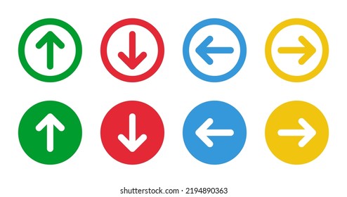 green up red down blue left yellow right arrows, round vector icons set