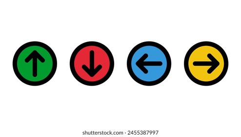 verde arriba rojo abajo azul izquierda amarilla derecha flechas, iconos vectoriales redondos conjunto