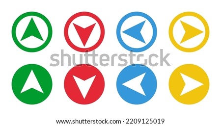 green up red down blue left yellow right arrows, round vector icons set
