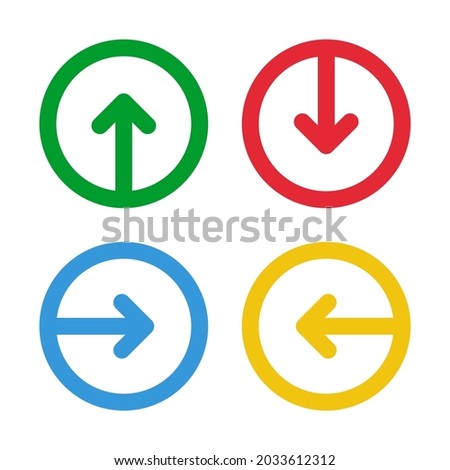 green up red down blue right yellow left arrows, round thin line vector signs