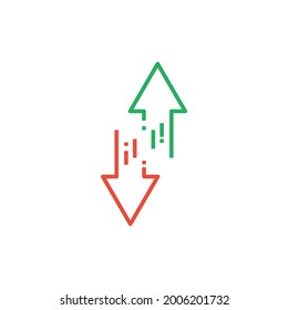 green up and red down double arrows in circle, outline vector icon