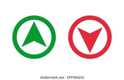 green up and red down triangle shaped arrows in ring, outline vector icons