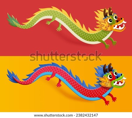 Green and red dragon element isolated separately on orange and red background.