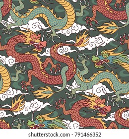 Green and red dragons fighting in the clouds. Seamless pattern for textile and decoration