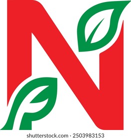 A green and red eco-friendly 'N' logo, thoughtfully designed for versatile functionality, is ideal for t-shirt designs with a modern, clean aesthetic and for branding across a variety of companies.
