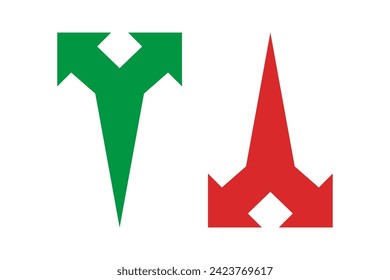 Green, red elongated bursting fork arrows. A pair of two-directional y-shaped symbols. Isolated on a white background.