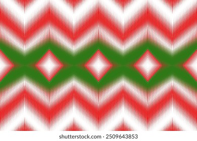 Padrão de Ikat étnico verde e vermelho com motivos Chevron, perfeito para decoração de parede tradicional e papel de parede de Natal
