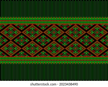 Green Red Ethnic or Tribe Seamless Pattern on Black Background in Symmetry Rhombus Geometric Bohemian Style for Clothing or Apparel,Embroidery,Fabric,Package Design