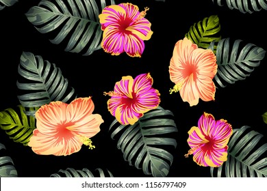 Green red exotic pattern. Monstera and hibiscus flowers tropical bouquet.  Saturated large floral swimwear print. Horizontal california natural texture design. Bonny spring botanical design.