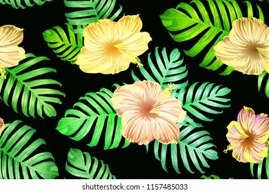 Green red exotic pattern. Monstera and hibiscus flowers tropical bouquet.  Hawaiian t-shirt and swimwear tile.  Horizontal romantic wild vector exotic tile. Bonny spring botanical design.