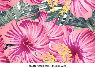 Green red exotic pattern. Monstera leaves and hibiscus flowers in summer print.  Saturated large floral swimwear print. Horizontal romantic wild vector exotic tile. Bonny spring botanical design.