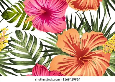 Green red exotic pattern. Monstera leaves and hibiscus flowers in summer print.  Hawaiian t-shirt and swimwear tile.  Horizontal romantic wild vector exotic tile. Hypernatural botanic design.