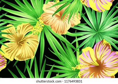Green red exotic pattern. Monstera and hibiscus flowers tropical bouquet.  Hawaiian t-shirt and swimwear tile.  Horizontal california natural texture design. Hypernatural botanic design.