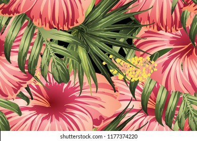 Green red exotic pattern. Monstera and hibiscus flowers tropical bouquet.  Saturated large floral swimwear print. Horizontal california natural texture design. Hypernatural botanic design.