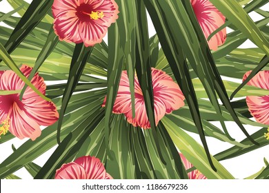 Green red exotic pattern. Monstera and hibiscus flowers tropical bouquet.  Saturated large floral swimwear print. Horizontal romantic wild vector exotic tile. Hypernatural botanic design.