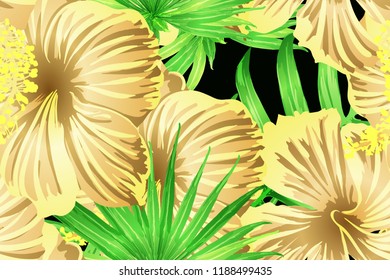 Green red exotic pattern. Monstera leaves and hibiscus flowers in summer print.  Hawaiian t-shirt and swimwear tile.  Horizontal romantic wild vector exotic tile. Bonny spring botanical design.
