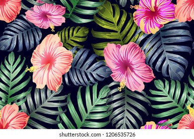 Green red exotic pattern. Monstera and hibiscus flowers tropical bouquet.  Hawaiian t-shirt and swimwear tile.  Horizontal california natural texture design. Bonny spring botanical design.
