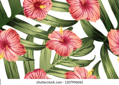 Green red exotic pattern. Monstera and hibiscus flowers tropical bouquet.  Saturated large floral swimwear print. Horizontal california natural texture design. Bonny spring botanical design.