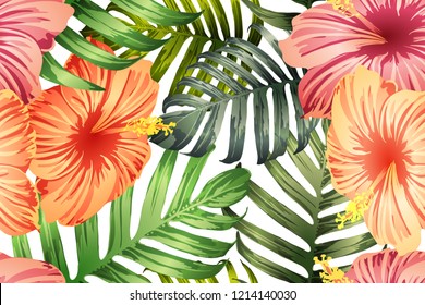 Green red exotic pattern. Monstera leaves and hibiscus flowers in summer print.  Saturated large floral swimwear print. Horizontal romantic wild vector exotic tile. Hypernatural botanic design.
