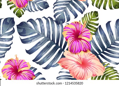 Motivo exótico rojo verde. Hojas de monstera y flores de hibisco en la impresión de verano.  Impresión saturada de gran bañador floral. Diseño de textura natural de california horizontal. Diseño botánico hipernatural.
