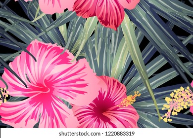 Green red exotic pattern. Monstera and hibiscus flowers tropical bouquet.  Hawaiian t-shirt and swimwear tile.  Horizontal california natural texture design. Hypernatural botanic design.