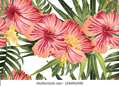 Green red exotic pattern. Monstera leaves and hibiscus flowers in summer print.  Saturated large floral swimwear print. Horizontal romantic wild vector exotic tile. Hypernatural botanic design.