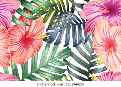 Green red exotic pattern. Monstera and hibiscus flowers tropical bouquet.  Saturated large floral swimwear print. Horizontal romantic wild vector exotic tile. Bonny spring botanical design.