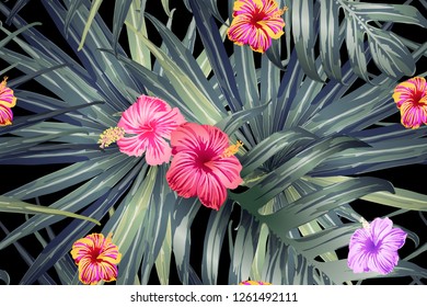 Green red exotic pattern. Monstera and hibiscus flowers tropical bouquet.  Hawaiian t-shirt and swimwear tile.  Horizontal romantic wild vector exotic tile. Bonny spring botanical design.