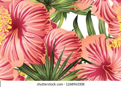 Green red exotic pattern. Monstera leaves and hibiscus flowers in summer print.  Saturated large floral swimwear print. Horizontal romantic wild vector exotic tile. Bonny spring botanical design.