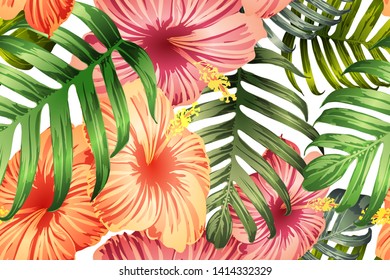 Green red exotic pattern. Monstera leaves and hibiscus flowers in summer print.  Saturated large floral swimwear print. Horizontal romantic wild vector exotic tile. Hypernatural botanic design.