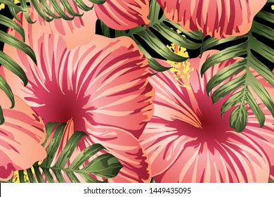 Green red exotic pattern. Monstera leaves and hibiscus flowers in summer print.  Hawaiian t-shirt and swimwear tile.  Horizontal california natural texture design. Hypernatural botanic design.