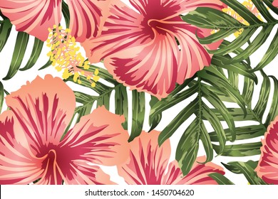 Green red exotic pattern. Monstera leaves and hibiscus flowers in summer print.  Saturated large floral swimwear print. Horizontal romantic wild vector exotic tile. Hypernatural botanic design.