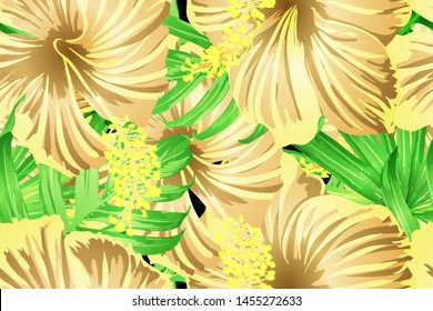 Green red exotic pattern. Monstera leaves and hibiscus flowers in summer print.  Saturated large floral swimwear print. Horizontal romantic wild vector exotic tile. Hypernatural botanic design.