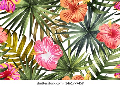 Green red exotic pattern. Monstera leaves and hibiscus flowers in summer print.  Hawaiian t-shirt and swimwear tile.  Horizontal romantic wild vector exotic tile. Hypernatural botanic design.