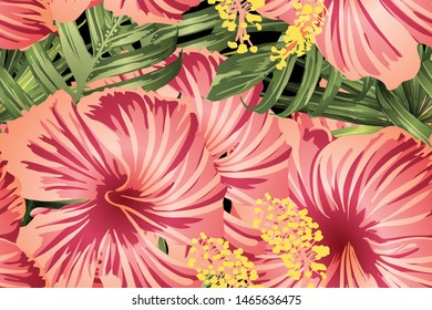 Green red exotic pattern. Monstera leaves and hibiscus flowers in summer print.  Hawaiian t-shirt and swimwear tile.  Horizontal california natural texture design. Bonny spring botanical design.