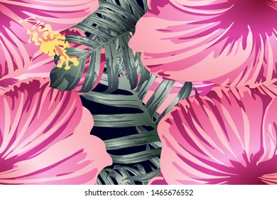 Green red exotic pattern. Monstera and hibiscus flowers tropical bouquet.  Hawaiian t-shirt and swimwear tile.  Horizontal romantic wild vector exotic tile. Hypernatural botanic design.