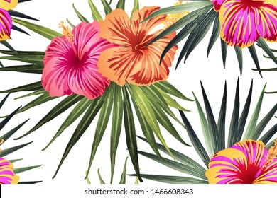 Green red exotic pattern. Monstera leaves and hibiscus flowers in summer print.  Saturated large floral swimwear print. Horizontal california natural texture design. Bonny spring botanical design.