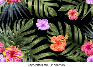 Green red exotic pattern. Monstera and hibiscus flowers tropical bouquet.  Hawaiian t-shirt and swimwear tile.  Horizontal romantic wild vector exotic tile. Hypernatural botanic design.
