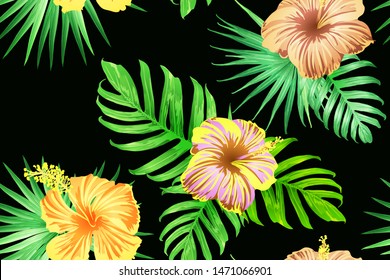 Green red exotic pattern. Monstera and hibiscus flowers tropical bouquet.  Saturated large floral swimwear print. Horizontal california natural texture design. Bonny spring botanical design.