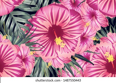 Green red exotic pattern. Monstera leaves and hibiscus flowers in summer print.  Saturated large floral swimwear print. Horizontal california natural texture design. Bonny spring botanical design.
