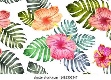 Green red exotic pattern. Monstera leaves and hibiscus flowers in summer print.  Saturated large floral swimwear print. Horizontal california natural texture design. Bonny spring botanical design.